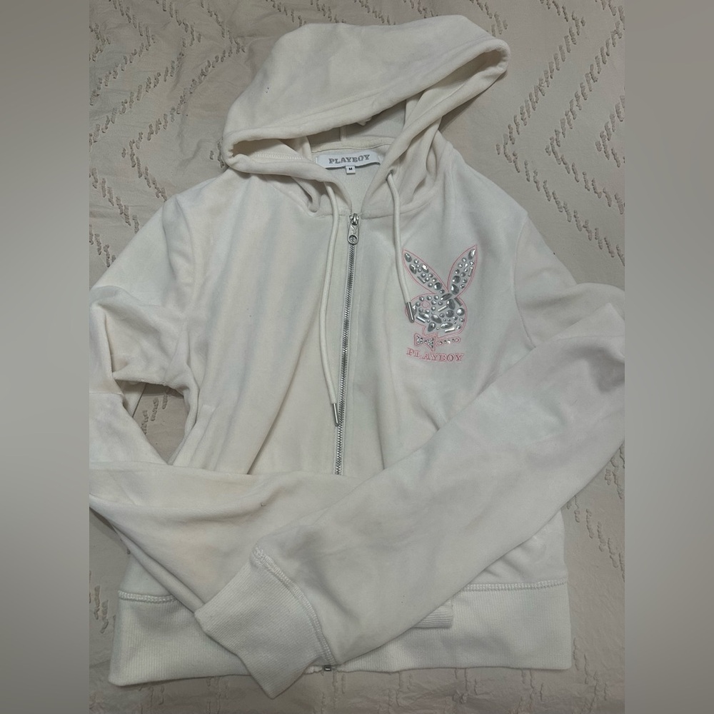 PLAYBOY Cream Rhinestone Bunny Hoodie with Pink Accent